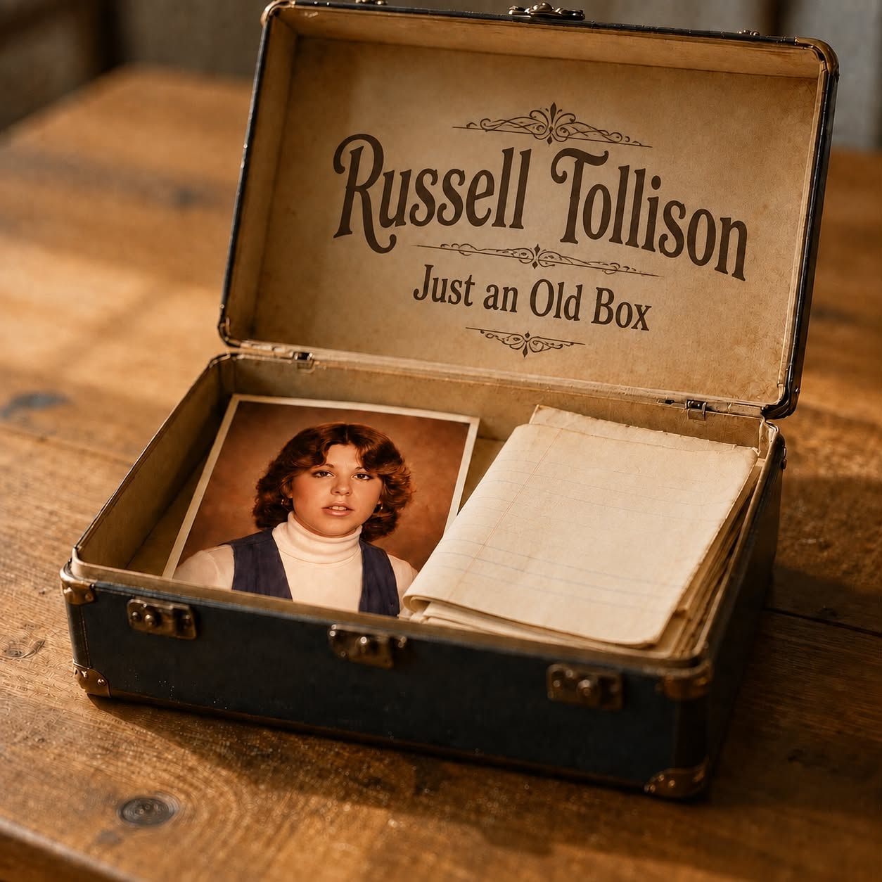 Vintage suitcase open on a wooden table with an old portrait photo and handwritten letter inside