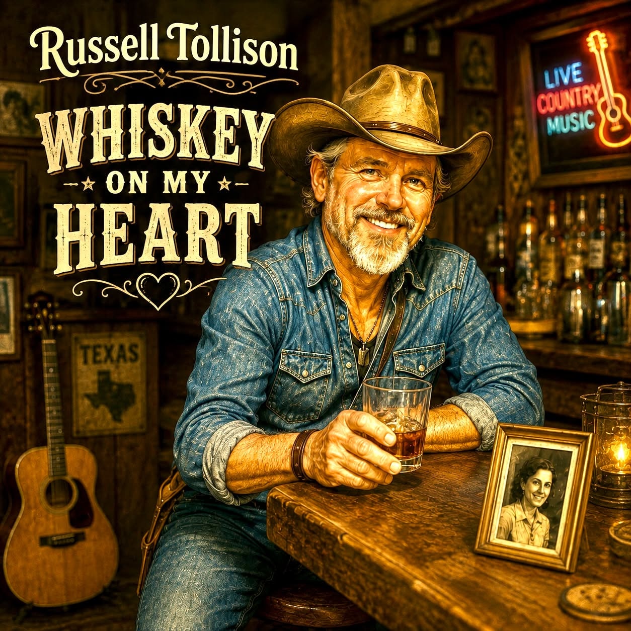 Whiskey decanter and glass beside an acoustic guitar and barrel